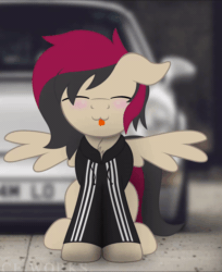 Size: 600x736 | Tagged: safe, artist:bastbrushie, part of a set, oc, oc only, oc:porsche speedwings, pegasus, pony, :p, adidas, adidas tracksuit, animated, blurry background, blushing, clothes, cute, floppy ears, gif, happy, hnnng, hoodie, hoof tapping, male, moving legs, pegasus oc, pfft, porsche 911, sitting, spread wings, stallion, tan coat, tongue out, tracksuit, vibing, wings, ych result