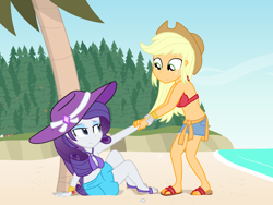 Size: 1800x1350 | Tagged: safe, artist:dm29, applejack, rarity, equestria girls, beach, belly button, bikini, breasts, cleavage, clothes, duo, duo female, feet, female, sandals, sarong, sleeveless, swimsuit