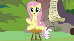 Size: 1920x1080 | Tagged: safe, derpibooru import, screencap, angel bunny, fluttershy, pegasus, pony, rabbit, she talks to angel, animal, checklist, crossed arms, duo, female, grumpy, mare, raised hoof, sitting, stool