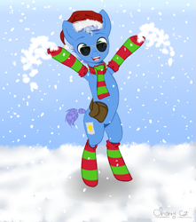 Size: 905x1024 | Tagged: safe, oc, oc only, oc:winter roll, earth pony, pony, clothes, earth pony oc, foal, snow, snowfall, socks, solo, striped socks, sunglasses, winter, winter outfit