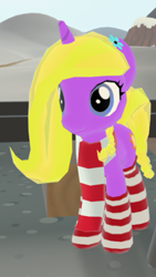 Size: 347x617 | Tagged: safe, oc, oc only, unicorn, clothes, female, flower, flower in hair, game screencap, horn, legends of equestria, scarf, socks, solo, striped socks, unicorn oc, winter