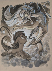 Size: 1061x1440 | Tagged: safe, artist:andypriceart, discord, eris, oc, oc:penny, draconequus, earth pony, pony, duo, female, mare, monochrome, rule 63, traditional art