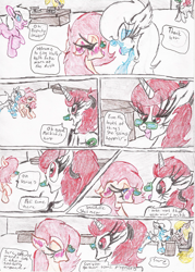 Size: 1560x2180 | Tagged: safe, artist:wyren367, oc, oc:politica segreta, oc:snowbelle, oc:venus armistice, earth pony, pegasus, pony, unicorn, comic:politica's rebound, blushing, blushing profusely, comic, computer, desk, dialogue, female, glasses, indoors, mare, necktie, ponytail, speech bubble, traditional art