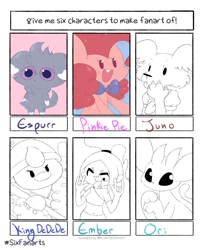 Size: 857x1024 | Tagged: safe, artist:typhwosion, derpibooru import, pinkie pie, anthro, bird, dog, earth pony, ghost, penguin, pony, undead, :d, :p, anthro with ponies, beastars, bowtie, bust, crossover, danny phantom, devil horn (gesture), ember mclain, espurr, female, hat, juno, king dedede, lineart, male, mare, ori, partial color, pokémon, six fanarts, tongue out, wide eyes