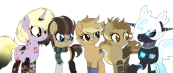 Size: 3500x1466 | Tagged: safe, artist:angelina-pax, artist:dianamur, dinky hooves, oc, oc:clockwork (ice1517), oc:cyber heart (ice1517), oc:time liz, oc:tinker (ice1517), cyborg, earth pony, pegasus, pony, robot, robot pony, unicorn, alternate hairstyle, amputee, artificial wings, augmented, aunt and nephew, aunt and niece, binary, clothes, commission, ear piercing, earring, eyeshadow, female, glasses, group, hair over one eye, heart, horn, horn ring, icey-verse, jeans, jewelry, lip piercing, makeup, male, mare, multicolored hair, offspring, older, older dinky hooves, open mouth, oven mitts, pants, parent:derpy hooves, parent:doctor whooves, parents:doctorderpy, piercing, prosthetic leg, prosthetic limb, prosthetic wing, prosthetics, raised eyebrow, raised hoof, scarf, simple background, stallion, sweater, tattoo, transparent background, wings, ych result