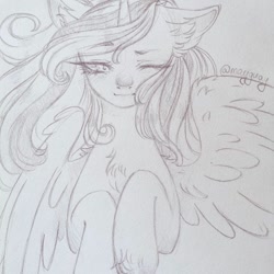 Size: 1080x1080 | Tagged: safe, artist:mayguay, oc, oc only, alicorn, pony, alicorn oc, blushing, bust, chest fluff, ear fluff, horn, lineart, one eye closed, solo, traditional art, wings, wink