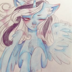 Size: 1080x1080 | Tagged: safe, alternate version, artist:mayguay, oc, oc only, alicorn, pony, alicorn oc, blushing, bust, chest fluff, colored, ear fluff, horn, one eye closed, solo, traditional art, wings, wink
