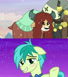 Size: 1280x1440 | Tagged: safe, edit, screencap, sandbar, yona, she's all yak, the hearth's warming club, blushing, bowtie, female, loose hair, male, shipping, snow, straight, yonabar