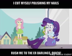 Size: 1534x1203 | Tagged: safe, artist:titus16s, edit, edited screencap, screencap, fluttershy, rarity, equestria girls, rainbow rocks, blood, caption, duo, female, image macro, meme, text