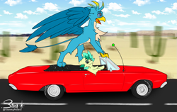 Size: 1993x1257 | Tagged: safe, artist:starrypallet, gallus, sandbar, earth pony, griffon, pony, car, convertible, cute, desert, gallabetes, male, older, older gallus, older sandbar, size difference, tongue out