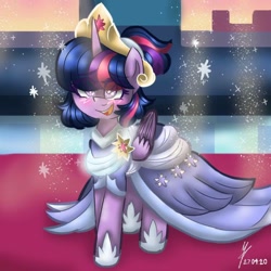 Size: 768x768 | Tagged: safe, artist:mappyprang22, twilight sparkle, twilight sparkle (alicorn), alicorn, pony, the last problem, alternate hairstyle, blushing, clothes, coronation dress, crown, cute, dress, eye clipping through hair, female, happy, hoof shoes, jewelry, mare, open mouth, regalia, second coronation dress, solo, twiabetes