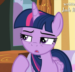 Size: 565x545 | Tagged: safe, screencap, twilight sparkle, twilight sparkle (alicorn), alicorn, spoiler:cakes for the memories, spoiler:mlp friendship is forever, cakes for the memories, confused, cropped, lidded eyes, solo, thinking