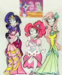 Size: 2406x2937 | Tagged: safe, artist:citi, derpibooru import, screencap, fluttershy, pinkie pie, rarity, human, suited for success, clothes, dress, gala dress, height difference, humanized, scene interpretation, screencap reference, traditional art