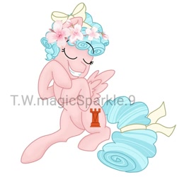Size: 1080x1080 | Tagged: safe, alternate version, artist:t.w.magicsparkel.9, cozy glow, pegasus, pony, bow, cozybetes, cute, eyes closed, female, filly, flower, flower in hair, hair bow, obtrusive watermark, simple background, smiling, solo, watermark, white background