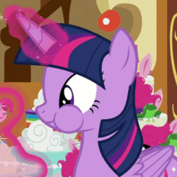 Size: 480x480 | Tagged: safe, screencap, twilight sparkle, twilight sparkle (alicorn), alicorn, pony, spoiler:cakes for the memories, spoiler:mlp friendship is forever, animated, aweeg*, cake, cakes for the memories, chewing, chipmunk cheeks, cropped, cute, eating, female, food, gif, glowing horn, horn, loop, magic, mare, puffy cheeks, smiling, solo, sugarcube corner, telekinesis, twiabetes