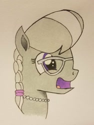 Size: 1536x2048 | Tagged: safe, artist:polar_storm, silver spoon, earth pony, pony, colored sketch, female, filly, glasses, jewelry, necklace, purple eyes, simple background, solo, traditional art, white background