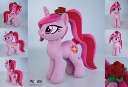 Size: 1800x1226 | Tagged: safe, artist:meplushyou, oc, oc:sandy rose, earth pony, earth pony oc, flower, hearth's warming con 2020, irl, photo, pink coat, plushie, rose, solo