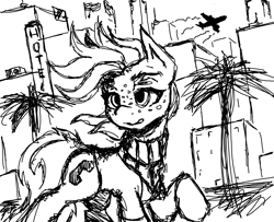 Size: 1196x969 | Tagged: safe, artist:zebra, oc, oc only, oc:silent phone, earth pony, pony, black and white, building, grayscale, monochrome, ms paint, palm tree, plane, solo, tree