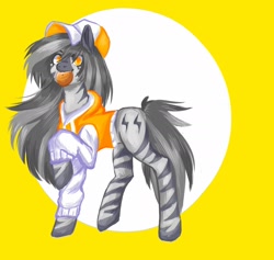 Size: 1900x1800 | Tagged: safe, artist:pro_vore, oc, oc only, oc:indikashigo, zebra, baseball cap, cap, clothes, food, hat, hoodie, lifted leg, mouth hold, orange, solo, tangerine