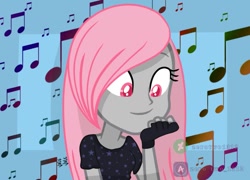 Size: 1111x800 | Tagged: safe, artist:zerotwo1312, oc, oc only, oc:valentin hundress, equestria girls, bust, clothes, equestria girls-ified, eyelashes, female, fingerless gloves, gloves, music notes, solo, watermark