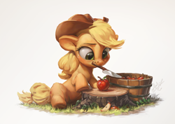 Size: 1200x850 | Tagged: safe, artist:assasinmonkey, derpibooru import, applejack, earth pony, pony, apple, apple slice, bucket, cowboy hat, cute, female, food, hat, jackabetes, knife, mare, mouth hold, simple background, solo, tree stump, weapons-grade cute, white background