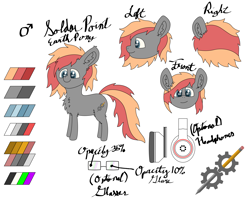 Size: 5056x4026 | Tagged: safe, artist:mlplayer dudez, oc, oc only, oc:solder point, earth pony, pony, cute, cutie mark, digital art, glasses, happy, headphones, male, reference sheet, signature, simple background, smiling, solo, stallion, standing