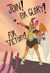 Size: 3010x4345 | Tagged: safe, artist:miniferu, artist:t72b, oc, anthro, pegasus, armor, breasts, female, poster, solo, sword, weapon, welcum to pornyville