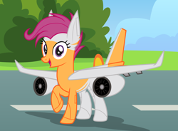 Size: 2480x1826 | Tagged: safe, artist:badumsquish, derpibooru exclusive, scootaloo, original species, plane pony, pony, boeing 787, female, kamascootra, looking at you, mare, older, older scootaloo, open mouth, plane, planeified, pun, raised hoof, runway, scoot (airline), scootaloo can fly, scootaplane, show accurate, singapore, smiling, solo, species swap, wonderbolts headquarters