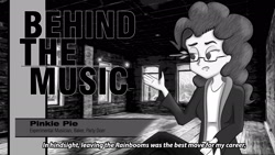 Size: 1920x1080 | Tagged: safe, artist:zaid val'roa, pinkie pie, equestria girls, behind the music, monochrome, solo, subtitles, text