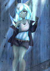 Size: 1750x2500 | Tagged: safe, artist:kyri, oc, oc:myxine, anthro, changeling, breasts, clothes, delicious flat chest, derpibooru, female, goth, mare, midriff, pretty, rain, shirt, shorts, tags