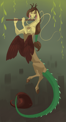 Size: 1235x2272 | Tagged: safe, artist:varwing, oc, oc:leaflitter, draconequus, hybrid, flute, interspecies offspring, male, musical instrument, offspring, parent:discord, parent:fluttershy, parents:discoshy, solo