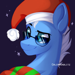 Size: 1024x1024 | Tagged: safe, oc, oc only, oc:winter roll, pony, blue eyes, christmas, clothes, foal, hat, holiday, santa hat, scarf, socks, solo, striped socks, sunglasses, white hair, winter