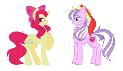 Size: 4872x2833 | Tagged: safe, artist:bublebee123, apple bloom, diamond tiara, earth pony, pony, alternate cutie mark, alternate hairstyle, alternate universe, apple bloom's bow, bow, diamondbloom, female, grin, hair bow, hat, lesbian, mare, older, older apple bloom, older diamond tiara, raised hoof, role reversal, shipping, simple background, smiling, smug, swapped cutie marks, white background