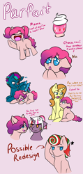 Size: 1270x2658 | Tagged: safe, artist:jolliapplegirl, pumpkin cake, oc, oc:hazy sky, oc:parfait, oc:tranquil spring, earth pony, pegasus, pony, unicorn, colt, dialogue, foal, male, next generation, offspring, parent:cheese sandwich, parent:pinkie pie, parent:quibble pants, parent:rainbow dash, parent:twilight sparkle, parents:cheesepie, parents:quibbledash, pompadour