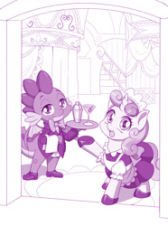 Size: 954x1280 | Tagged: safe, artist:dstears, seven seas, spike, sweetie belle, dragon, pony, unicorn, my little pony: the manga, alcohol, bowtie, carousel boutique, clothes, cute, duo, female, filly, looking at you, maid, male, martini, monochrome, purple, shoes, tuxedo, winged spike