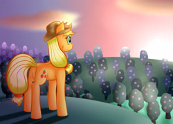 Size: 3500x2500 | Tagged: safe, artist:brilliant-luna, derpibooru import, applejack, earth pony, pony, apple, apple tree, applejack's hat, cheek fluff, cloud, cowboy hat, dawn, female, hat, solo, sweet apple acres, tree