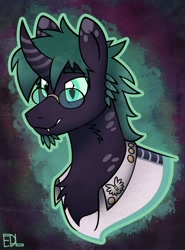 Size: 945x1280 | Tagged: safe, artist:inkbleederwolf, oc, oc:ommatidium, changeling, bust, glasses, green changeling