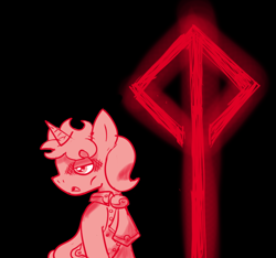 Size: 640x600 | Tagged: safe, artist:ficficponyfic, part of a series, part of a set, oc, oc:antoine clovenheimer, unicorn, background of darkness, black background, collar, cyoa, cyoa:madness in mournthread, dark around eyes, ears up, glowing runes, messy mane, monochrome, mystery, necktie, open mouth, runes, simple background, story included, tense