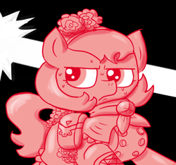 Size: 640x600 | Tagged: safe, artist:ficficponyfic, part of a series, part of a set, oc, oc:mulberry telltale, bag, cyoa, cyoa:madness in mournthread, flower, frown, headband, looking back, mystery, neckerchief, nervous, shawl, story included, suspicious, sweat