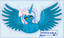 Size: 1150x695 | Tagged: safe, oc, oc:fleurbelle, alicorn, anthro, alicorn oc, bow, chest fluff, crying, female, golden eyes, hair bow, heart, mare, watermark