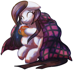 Size: 3021x2874 | Tagged: safe, artist:amura-of-jupiter, oc, oc only, earth pony, series:random gifting is magic, blanket, coffee, earth pony oc, female, long hair, mug, present, simple background, smiling, solo, steam, transparent background, wrapped up