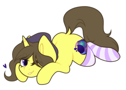 Size: 1400x1000 | Tagged: safe, artist:co-zy, oc, oc only, oc:astral flare, pony, unicorn, adorable face, beanie, clothes, cute, cutie mark, grin, hat, heart, one eye closed, prone, simple background, smiling, socks, solo, striped socks, transparent background, wink