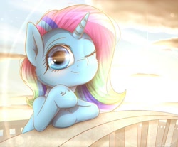 Size: 1150x950 | Tagged: safe, artist:phoenixrk49, oc, oc only, pony, unicorn, beautiful, bridge, cheek fluff, cute, ear fluff, female, lens flare, mare, signature, solo, sunset