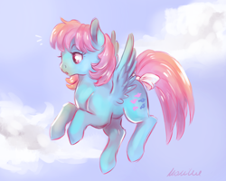 Size: 3000x2400 | Tagged: safe, artist:buttersprinkle, wind whistler, pegasus, pony, g1, bow, cloud, female, flying, g1 to g4, generation leap, open mouth, sky, solo, spread wings, tail bow, wings