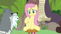 Size: 1920x1080 | Tagged: safe, derpibooru import, screencap, angel bunny, fluttershy, sandra, pegasus, pony, wolf, she talks to angel, checklist, drool, female, male, mare, mouth hold, raised hoof, sitting