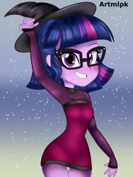 Size: 1536x2048 | Tagged: safe, artist:artmlpk, sci-twi, twilight sparkle, equestria girls, adorasexy, adorkable, alternate hairstyle, blushing, clothes, costume, cute, dork, female, halloween, halloween costume, hat, holiday, looking at you, minidress, sexy, short hair, smiling at you, solo, thigh gap, twiabetes, witch, witch costume, witch hat