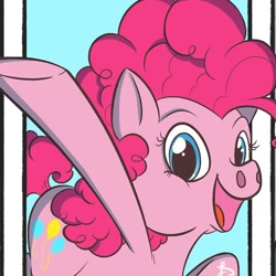 Size: 960x960 | Tagged: safe, alternate version, artist:raecoon_art, derpibooru import, pinkie pie, earth pony, pony, female, mare, open mouth, smiling, solo, underhoof, waving