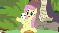 Size: 1920x1080 | Tagged: safe, derpibooru import, screencap, angel bunny, fluttershy, pegasus, pony, rabbit, she talks to angel, animal, checklist, duo, female, mare, sitting