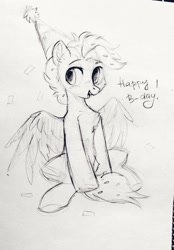 Size: 1506x2164 | Tagged: safe, artist:_mpiesocks, artist:raily, pegasus, pony, black and white, confetti, grayscale, hat, monochrome, party hat, pony oc, sitting, sketch, solo, spread wings, traditional art, wings