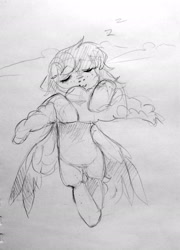 Size: 1478x2048 | Tagged: safe, artist:_mpiesocks, artist:raily, pegasus, pony, black and white, cloud, eyes closed, female, grayscale, mare, monochrome, sky, sleeping, sleepy, spread wings, traditional art, wings